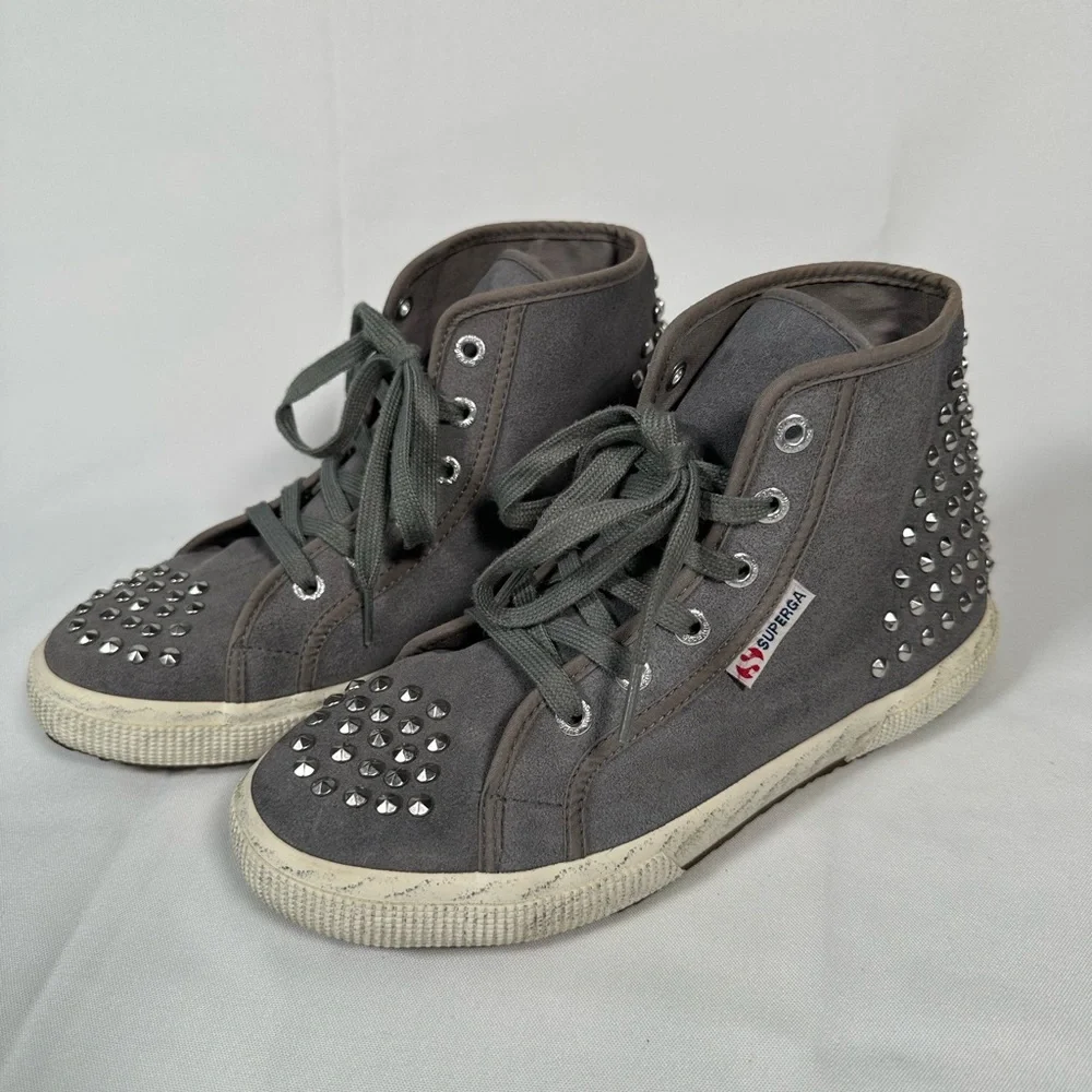 Superga Gray Suede Leather With Silver Studs, Grunge Black Smudged Sole